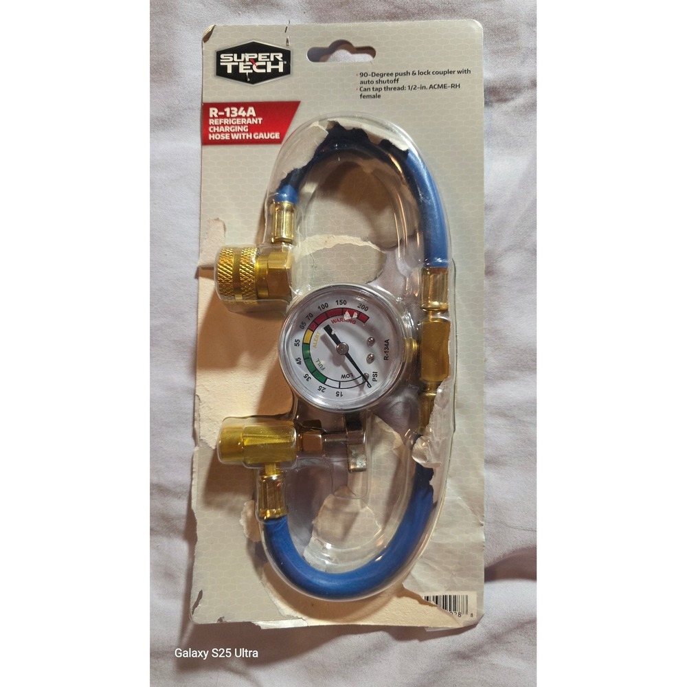 Super Tech R-134A Refrigerant Charging Hose with Gauge 90-Degree Coupler Brass